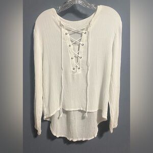 White Lace Up Long Sleeve Shirt Small